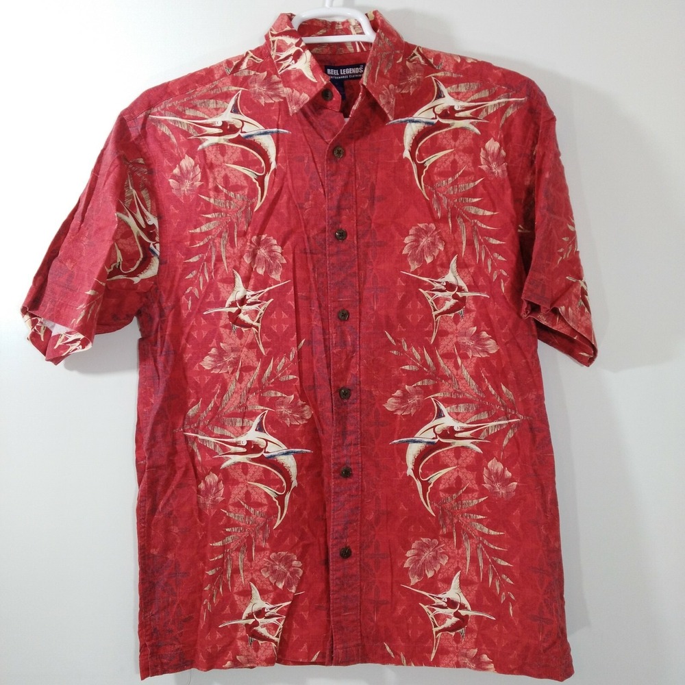 Reel Legends Swordfish Print Red Fishing Shirt Size M Brown Buttons Medium